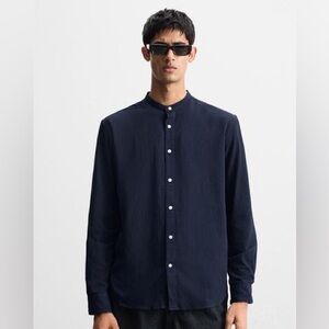 Zara Dark Blue Mandarin Collar Shirt